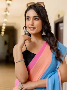 Satrani Colorblocked Pure Georgette Ready to Wear Saree With Unstitched Blouse Piece