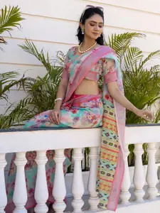 Satrani Floral Zari Pure Linen Saree