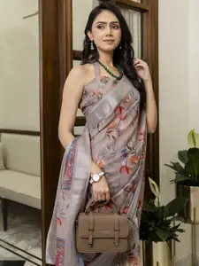 Satrani Women Floral Printed Zari Linen Blend Ready to Wear Saree