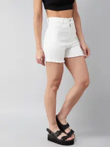 The Roadster Lifestyle Co High Rise Clean Look Stretchable Frayed Denim Shorts