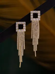 Voylla Korean Bling Gold-Plated AD-Studded Square Tasselled Hour Sparkle Drop Earrings