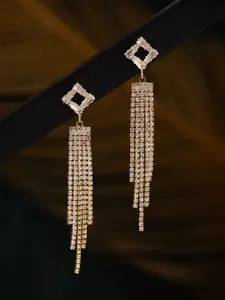 Voylla Korean Bling Gold-Plated AD-Stone Studded Square Tasselled Cascade Drop Earrings
