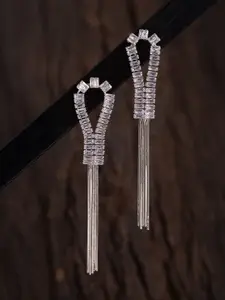 Voylla Rhodium-Plated Contemporary American Diamond Studded Drop Earrings