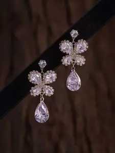 Voylla Korean Bling Rhodium-Plated AD & Crystal Studded Flutter Drop Earrings
