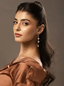 Voylla Rhodium-Plated Contemporary Crystal Studded Drop Earrings