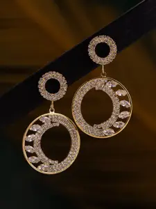 Voylla Korean Bling Gold-Plated American Diamond Studded Circular Drop Earrings