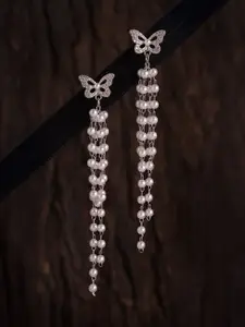 Voylla Rhodium-Plated Contemporary American Diamond Studded Drop Earrings