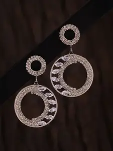 Voylla Rhodium-Plated Contemporary Crystals Studded Drop Earrings