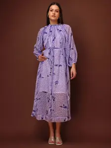PURVAJA Abstract Printed Puff Sleeve Ruffled Georgette Fit & Flare Maxi Dress