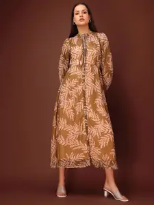 PURVAJA Floral Printed Puff Sleeve Georgette Shirt Maxi Dress