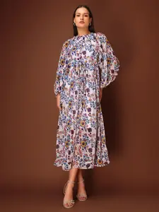 PURVAJA Floral Printed Puff Sleeves Ruffled Georgette Fit & Flare Maxi Dress