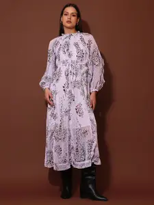 PURVAJA Animal Printed Puff Sleeves Ruffled Georgette Fit & Flare Maxi Dress