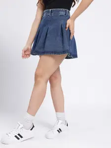 glitchez Washed Effect Mid-Rise Pleated Detail Relaxed Fit Mini Denim A-Line Skirt