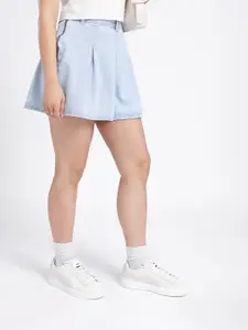 glitchez Washed Effect Mid-Rise Pleated Detail Relaxed Fit Mini Denim A-Line Skirt