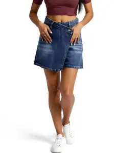glitchez Washed Effect Wrap-Style Mini Denim Skorts