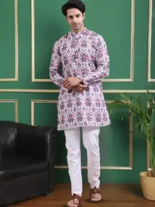 TATTVA Printed Thread Work Mandarin Collar Short Kurta