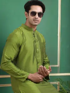 TATTVA Mandarin Collar Thread Work Cotton Straight Kurta