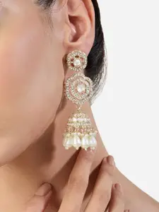 Zaveri Pearls Gold-Plated Austrian Diamond Studded & Beaded Dome Shaped Jhumkas