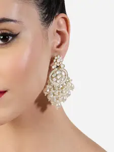 Zaveri Pearls Gold-Plated Artificial Stones Studded & Beaded Floral Shaped Drop Earrings