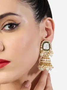 Zaveri Pearls Gold-Plated Kundan Studded & Pearls Beaded Dome Shaped Jhumkas