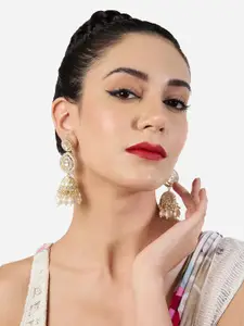 Zaveri Pearls Gold-Plated Austrian Diamond Studded & Beaded Dome Shaped Jhumkas