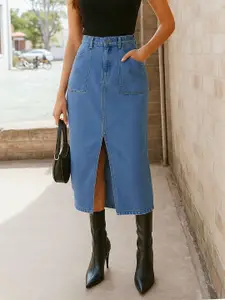 SASSAFRAS Denim Front Slit Straight Midi Skirt