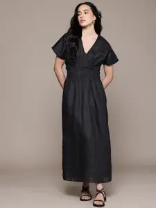 MANGO V-Neck Smocked Drop-Waist Pleated Midi Dress with Side Slits