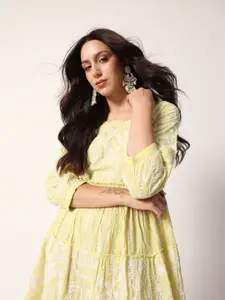 Ishin Women Floral Embroidered Round Neck  A-Line Dress