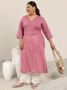 EXTRA LOVE BY LIBAS Women Plus Size Striped Thread Work Cotton Kurta