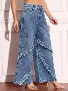 Miss Chase Women Wide Leg High-Rise Highly Distressed Heavy Fade Frayed Denim Jeans