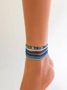 AQUASTREET Set of 5 Multicolor Blue Stretchable Bohemian Boho Elasticated Beaded Anklets