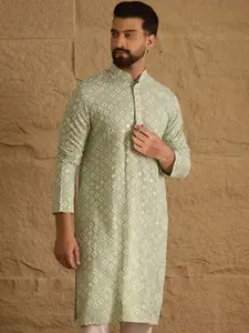 House of Pataudi Geometric Embroidered Mandarin Collar Thread Work Straight Kurta