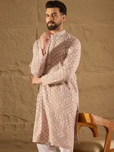 House of Pataudi Geometric Embroidered Mandarin Collar Thread Work Straight Kurta