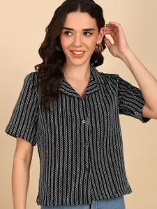 The Roadster Lifestyle Co Women Cuban Collar Vertical Striped Cotton Boxy Casual Shirt