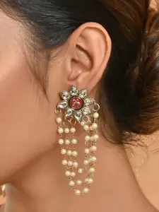 Fida Gold-Plated Stones Studded & Pearls Beaded Floral Shaped Tassel Drop Earrings