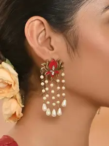 Fida Gold-Plated Pearls Beaded Floral Shaped Meenakari Drop Earrings