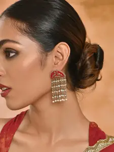 Fida Gold-Plated Artificial Stones Studded Peacock Shaped Meenakari Drop Earrings