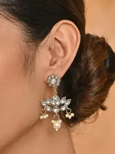 Fida Gold-Plated Artificial Stones Studed & Beaded Floral Shaped Drop Earrings
