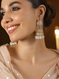 Rubans 18K Gold-Plated Kundan Studded Dome-Shaped Jhumka Earrings with Pearl Bead Accents