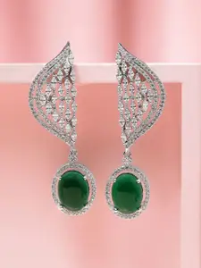 Rubans Rhodium-Plated Emerald Green & White Cubic Zirconia Studded Premium Drop Earrings