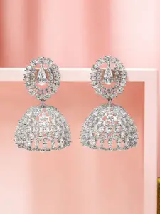 Rubans Rhodium Plated White Cubic Zirconia Studded Dome-Shaped Jhumka Earrings