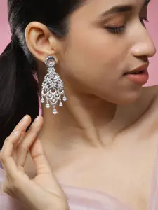 Rubans Rhodium-Plated White Cubic Zirconia Cascading Floral Chandelier Earrings