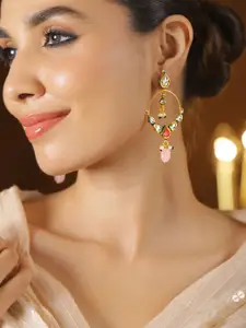 Rubans 22K Gold-Plated Green Enamel Kundan Studded Pastel Pink Beaded Chandbali Earrings
