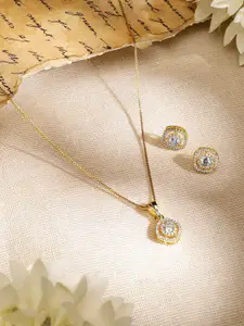 Rubans 18K Gold-Plated White Cubic Zirconia Studded Circular Pendant Set with Earrings