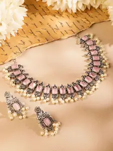 Rubans Oxidised Silver-Plated Pink Stone Studded Pearl Beaded Traditional Necklace Set