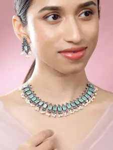 Rubans Oxidised Silver-Plated Mint Green Stone Studded Pearl Beaded Necklace Set