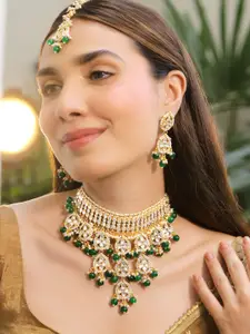 Rubans 22K Gold-Plated White Kundan Studed & Green Pearl Beaded Bridal Choker Necklace Set