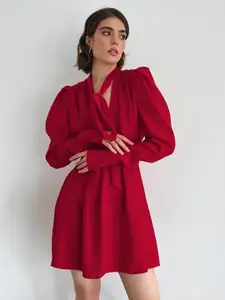 bebe Women Puff Sleeve Scarf Neck A-Line Dress