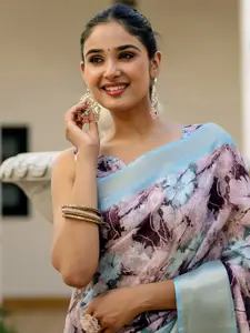 Satrani Floral Printed Zari Saree With Blouse