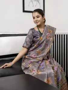 Satrani Floral Printed Zari Saree With Unstiched Blouse Piece